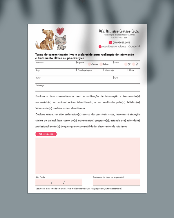 Termo de autorização para internação veterinária