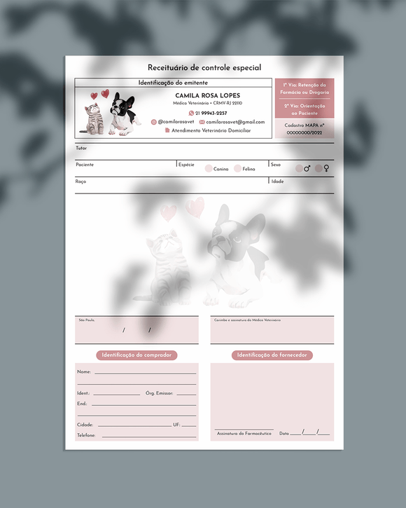 Receituário de controle especial veterinário