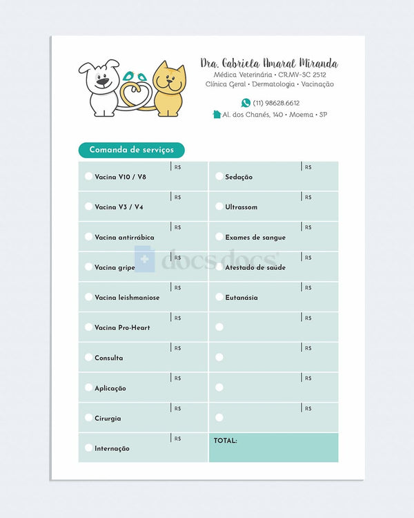Ficha de caixa veterinário e pet shop