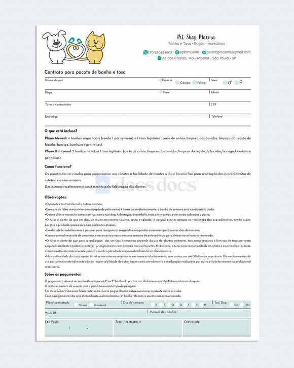 Contrato para pacote de banho e tosa