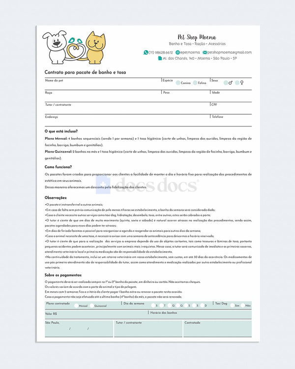 Contrato para pacote de banho e tosa