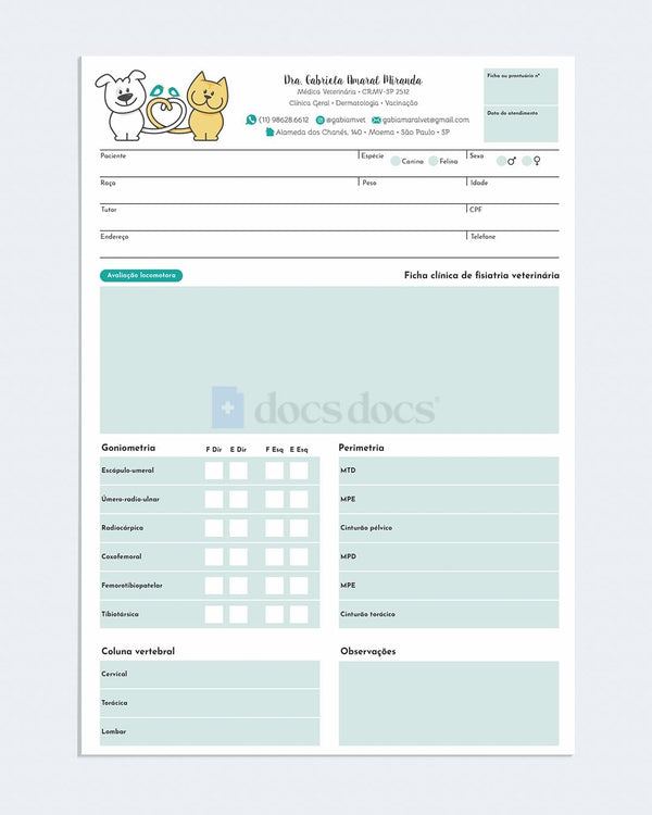 Ficha clínica de fisiatria veterinária