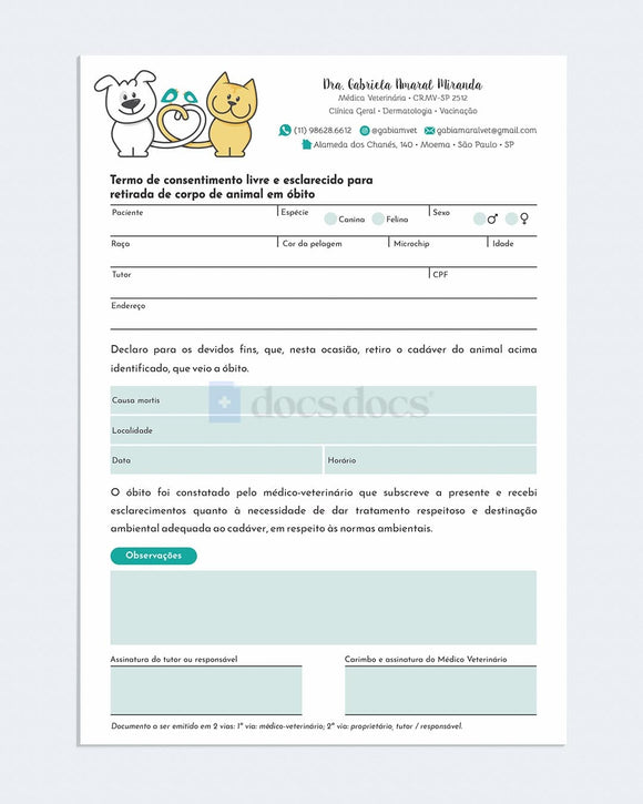 Termo de retirada de corpo de animal pós óbito