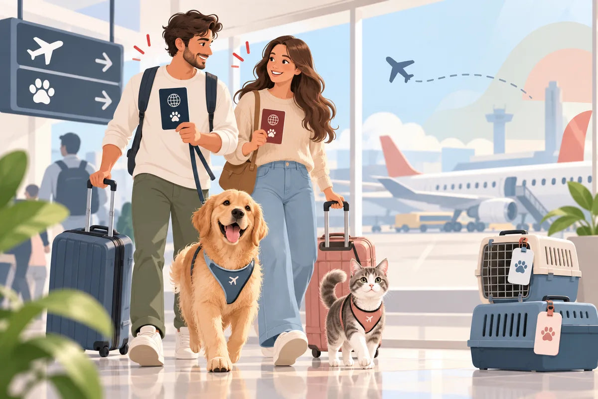 Ilustração de família com cão e gato em um aeroporto, preparando uma viagem.