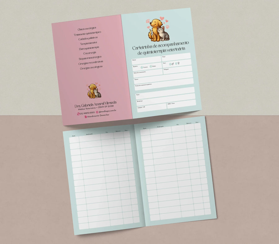 Carteira de quimioterapia veterinária com identificação e tabela de sessões