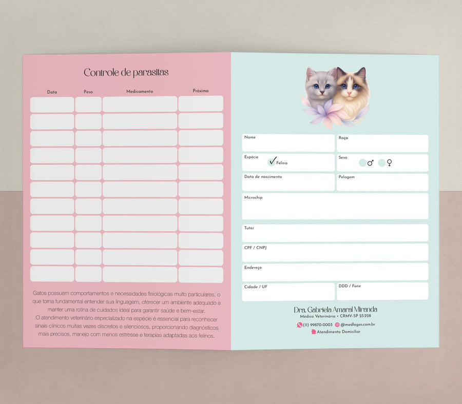 Carteira de vacinação para gatos com identificação e controle de parasitas