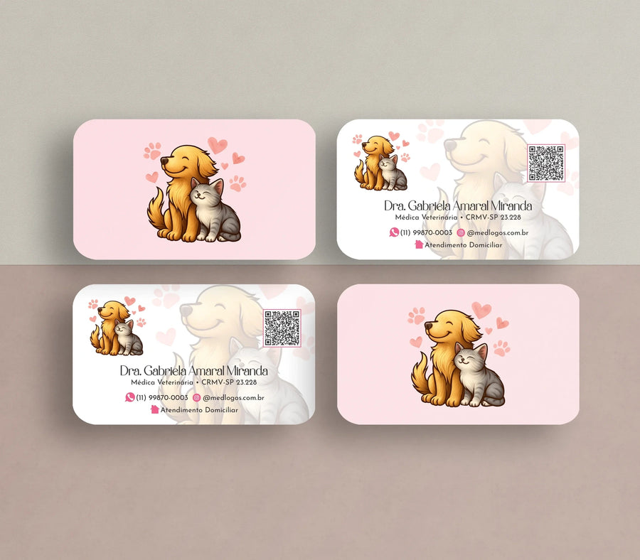 Frente e verso de cartões de visita com cantos arredondados, ilustração de cão e gato e QR Code
