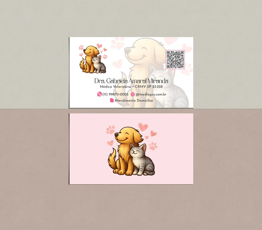 Frente e verso de cartões de visita com cantos retos, ilustração de cão e gato e QR Code