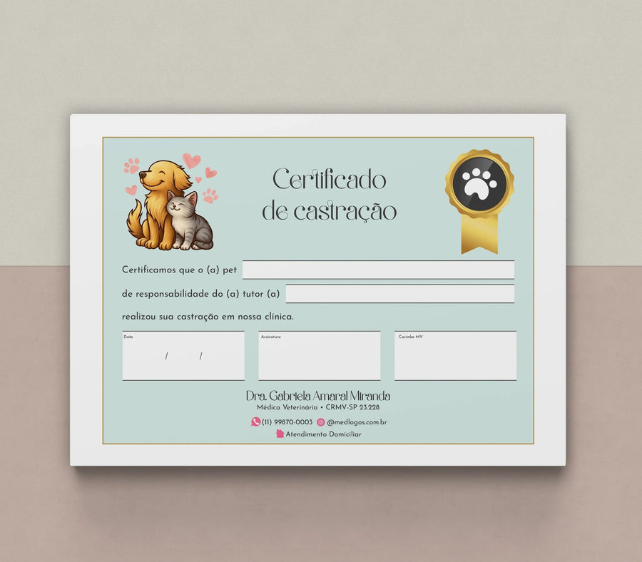Certificado de castração ilustrado com cão e gato, campos de identificação e assinatura