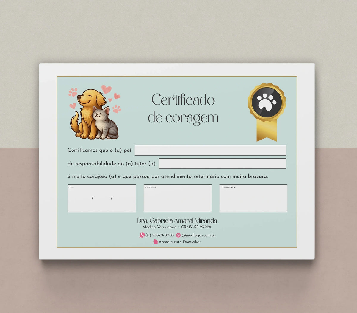 Certificado de coragem ilustrado com cão e gato, com espaço para o nome do paciente