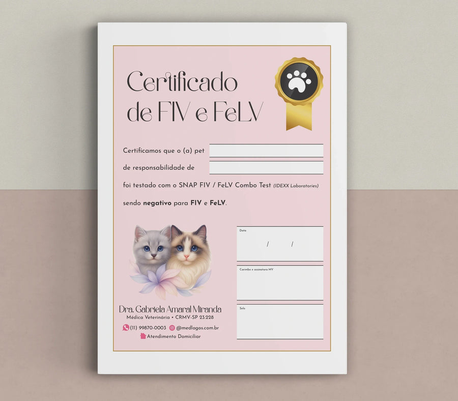 Certificado de FIV e FeLV com ilustração de gatos e campos de identificação e assinatura