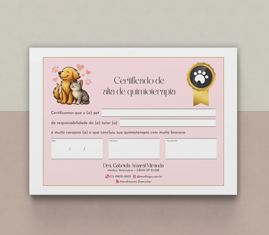 Certificado de alta de quimioterapia ilustrado com cão e gato e campos de identificação e assinatura