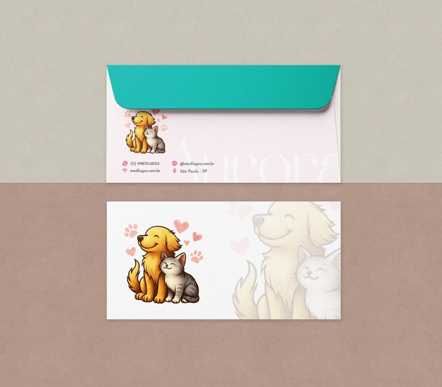 Frente e verso de envelope ofício com ilustração de cão e gato e aba verde