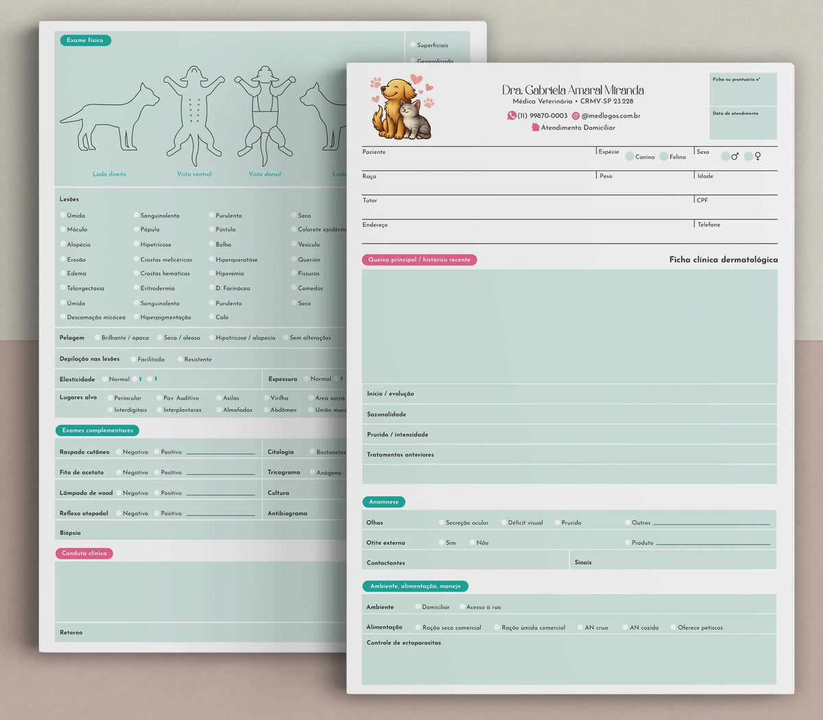 Frente e verso da ficha de dermatologia veterinária, com campos de histórico e diagramas corporais