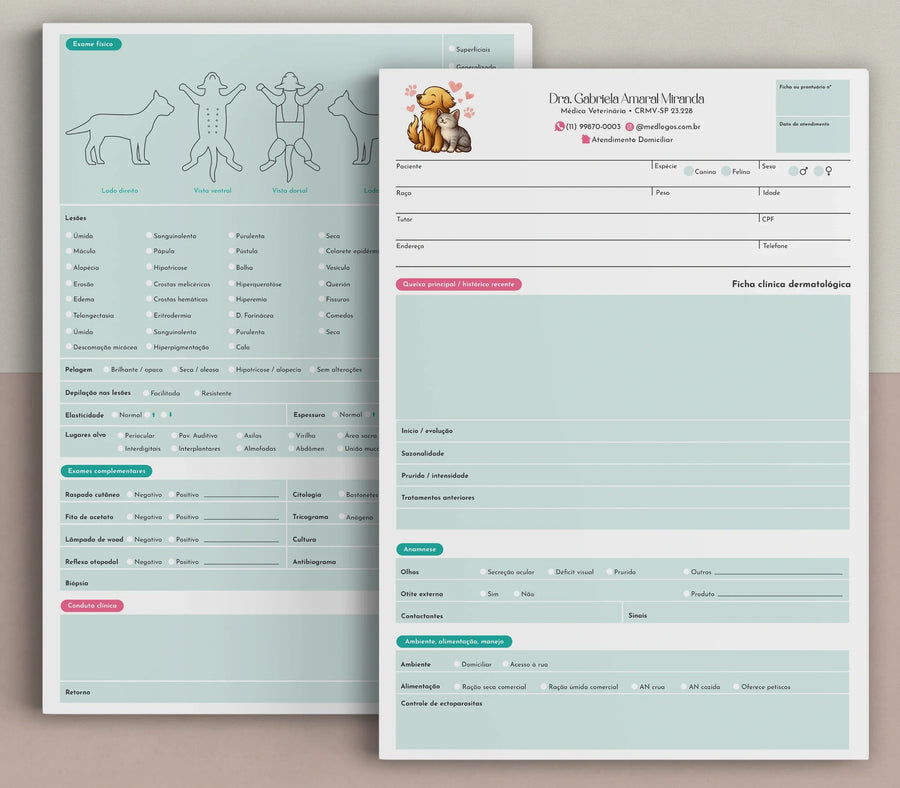Frente e verso da ficha de dermatologia veterinária, com campos de histórico e diagramas corporais