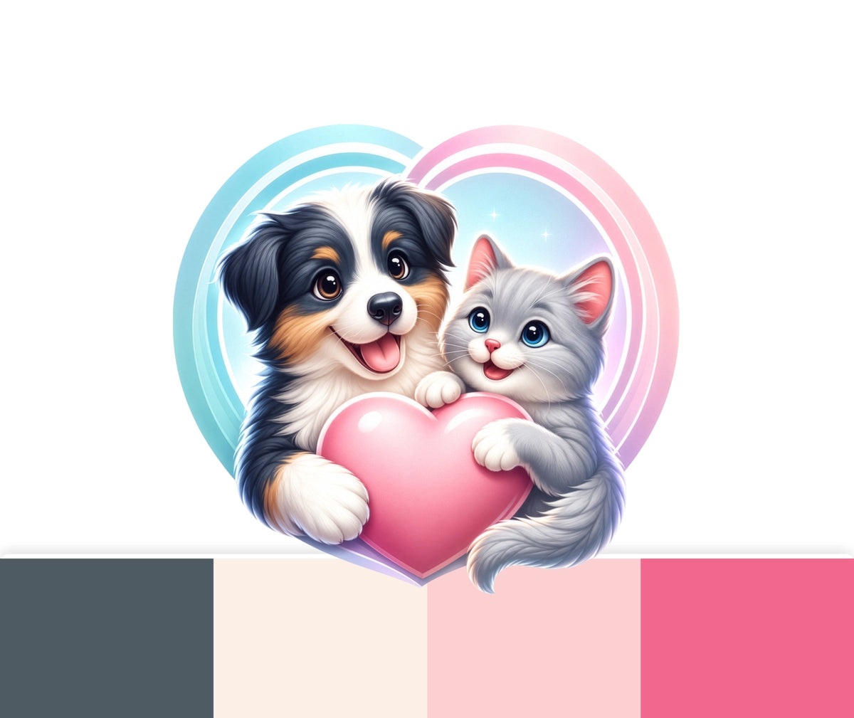 Logotipo veterinário exclusivo Carinho: ícone com cão e gato segurando um coração e paleta de cores