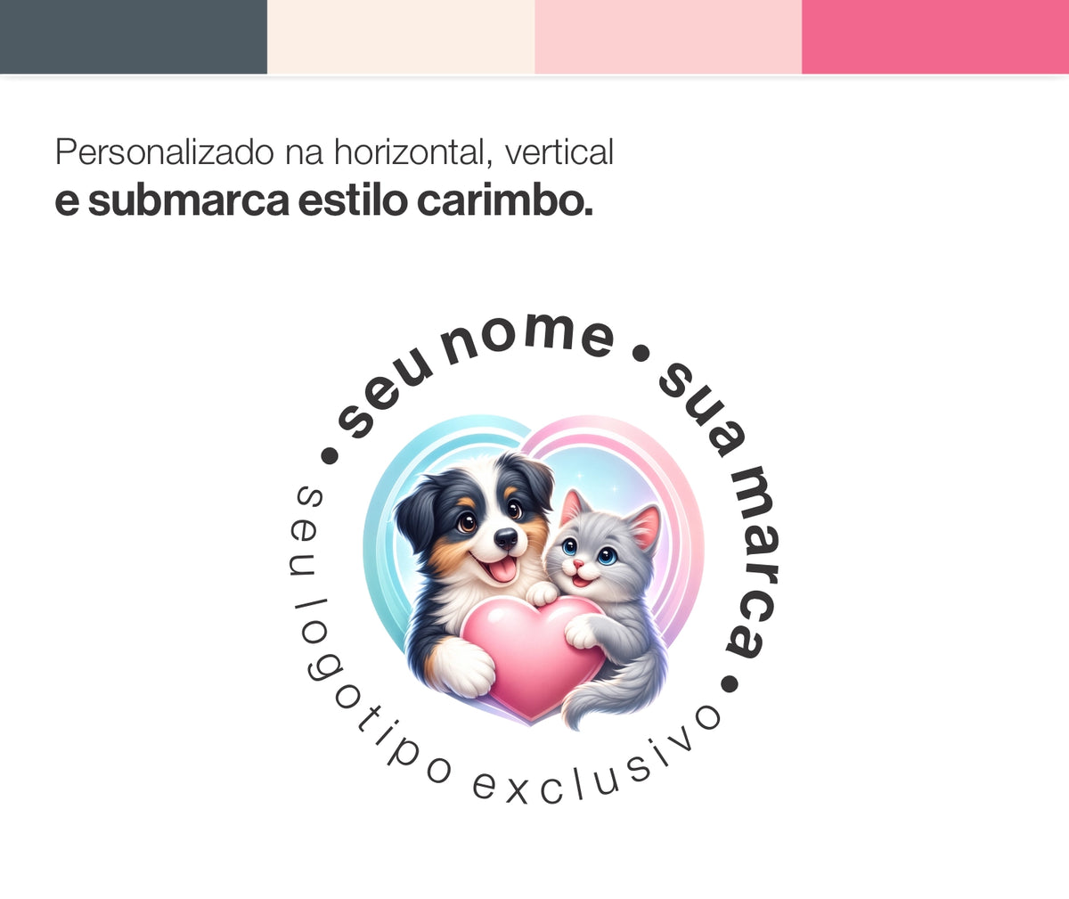Versões horizontal, vertical e submarca estilo carimbo do logotipo veterinário Carinho