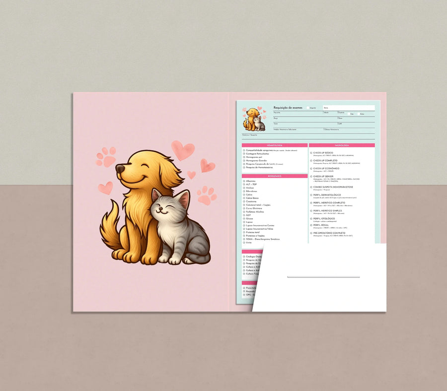 Pasta veterinária aberta com ilustração de cão e gato e documentos na bolsa interna