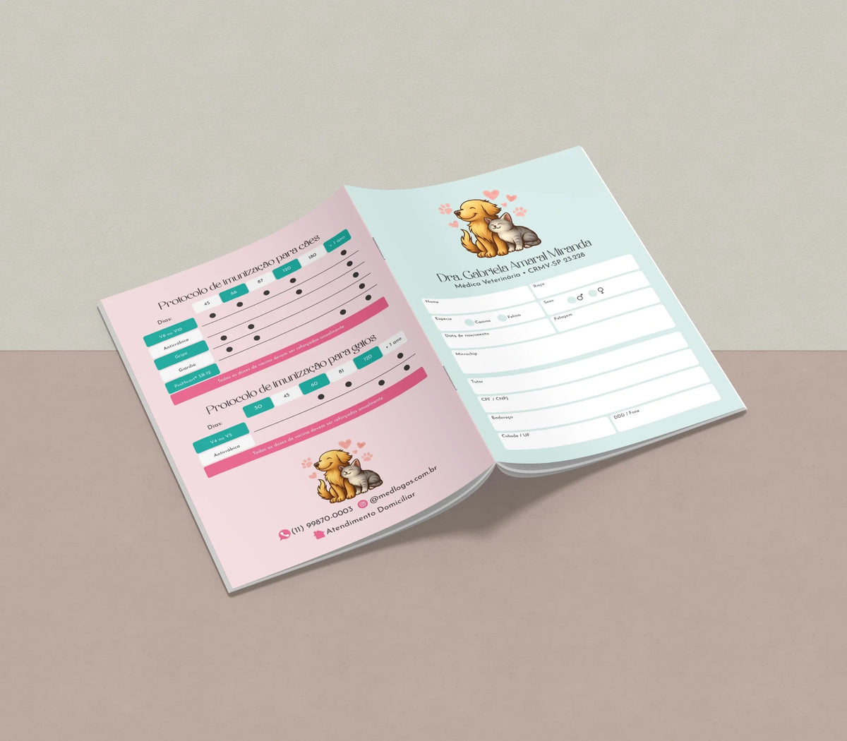 Passaporte Lite aberto com protocolo de imunização e identificação do animal
