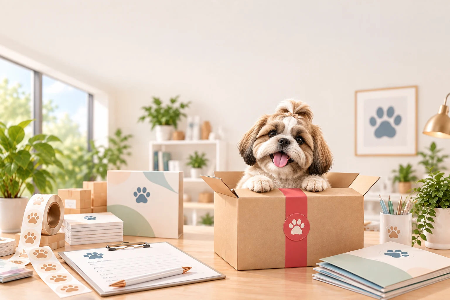 Cachorro em uma caixa de envio, cercado por blocos, pastas e adesivos de papelaria veterinária com estampas de patinhas.